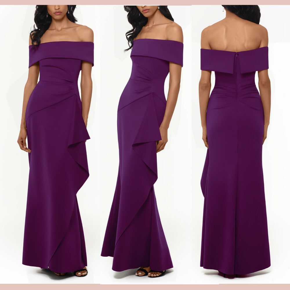 NWT $199‎ XSCAPE [ 6 ] Adriana Long Scuba Crepe Off Shoulder Gown in Plum Purple